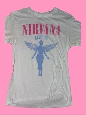 NIRVANA White Tee with Pink Logo & Blue Angel Graphic